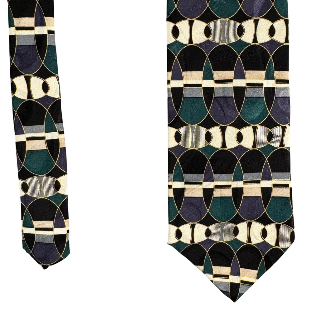 Martin Wong Napa CA Mens Silk Tie Geometric Abstract Teal Purple Black Gold USA